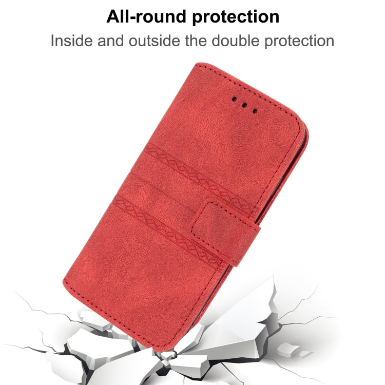 For iPhone 16 Embossed Stripes Skin Feel Leather Phone Case(Red) - iPhone 16 Cases by PMC TechLife | Online Shopping South Africa | PMC TechLife | Buy Now Pay Later Mobicred