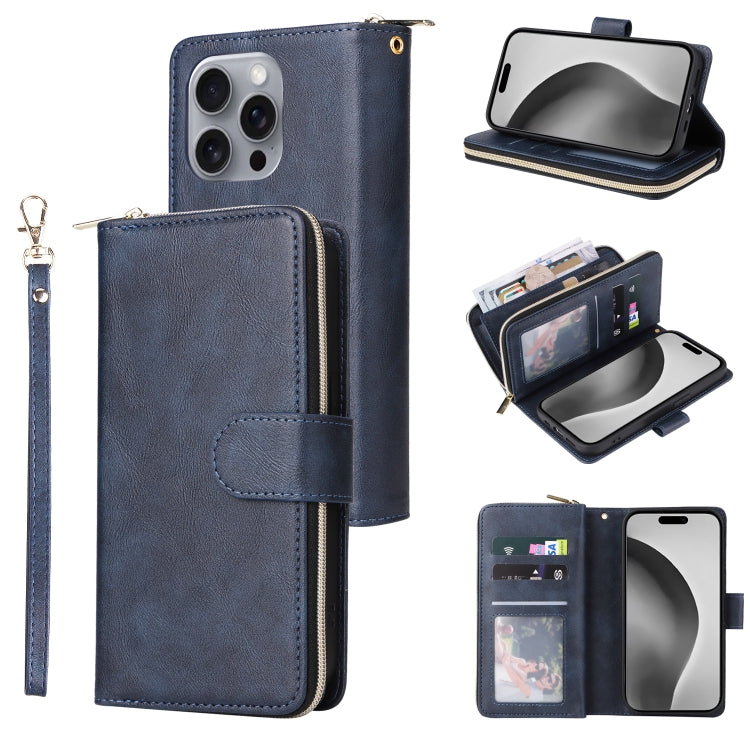 For iPhone 16 Pro Max 9 Card Slots Zipper Wallet Bag Leather Phone Case(Blue) - iPhone 16 Pro Max Cases by PMC Jewellery | Online Shopping South Africa | PMC Jewellery | Buy Now Pay Later Mobicred