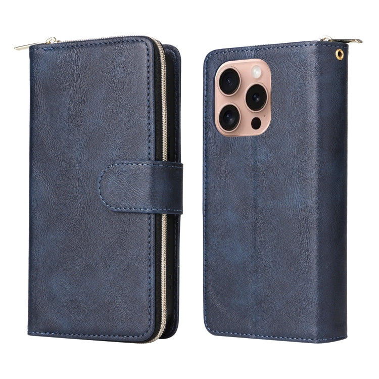 For iPhone 16 Pro 9 Card Slots Zipper Wallet Bag Leather Phone Case(Blue) - iPhone 16 Pro Cases by PMC Jewellery | Online Shopping South Africa | PMC Jewellery | Buy Now Pay Later Mobicred