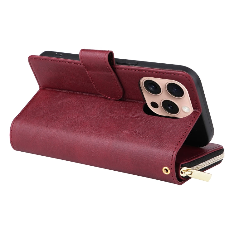 For iPhone 16 Pro 9 Card Slots Zipper Wallet Bag Leather Phone Case(Wine Red) - iPhone 16 Pro Cases by PMC Jewellery | Online Shopping South Africa | PMC Jewellery | Buy Now Pay Later Mobicred