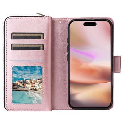 For iPhone 16 Plus 9 Card Slots Zipper Wallet Bag Leather Phone Case(Rose Gold) - iPhone 16 Plus Cases by PMC Jewellery | Online Shopping South Africa | PMC Jewellery | Buy Now Pay Later Mobicred