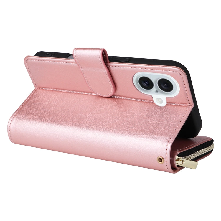 For iPhone 16 Plus 9 Card Slots Zipper Wallet Bag Leather Phone Case(Rose Gold) - iPhone 16 Plus Cases by PMC Jewellery | Online Shopping South Africa | PMC Jewellery | Buy Now Pay Later Mobicred