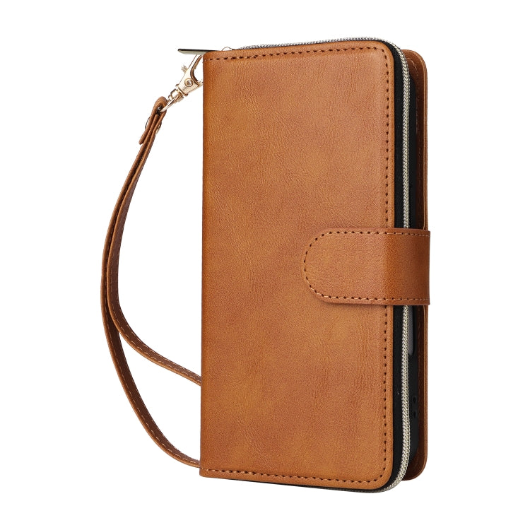 For iPhone 16 Plus 9 Card Slots Zipper Wallet Bag Leather Phone Case(Brown) - iPhone 16 Plus Cases by PMC Jewellery | Online Shopping South Africa | PMC Jewellery | Buy Now Pay Later Mobicred