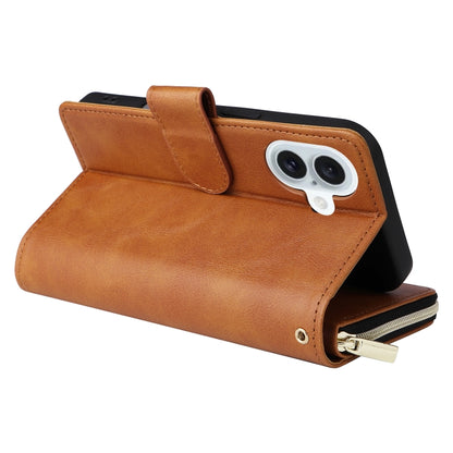 For iPhone 16 Plus 9 Card Slots Zipper Wallet Bag Leather Phone Case(Brown) - iPhone 16 Plus Cases by PMC Jewellery | Online Shopping South Africa | PMC Jewellery | Buy Now Pay Later Mobicred