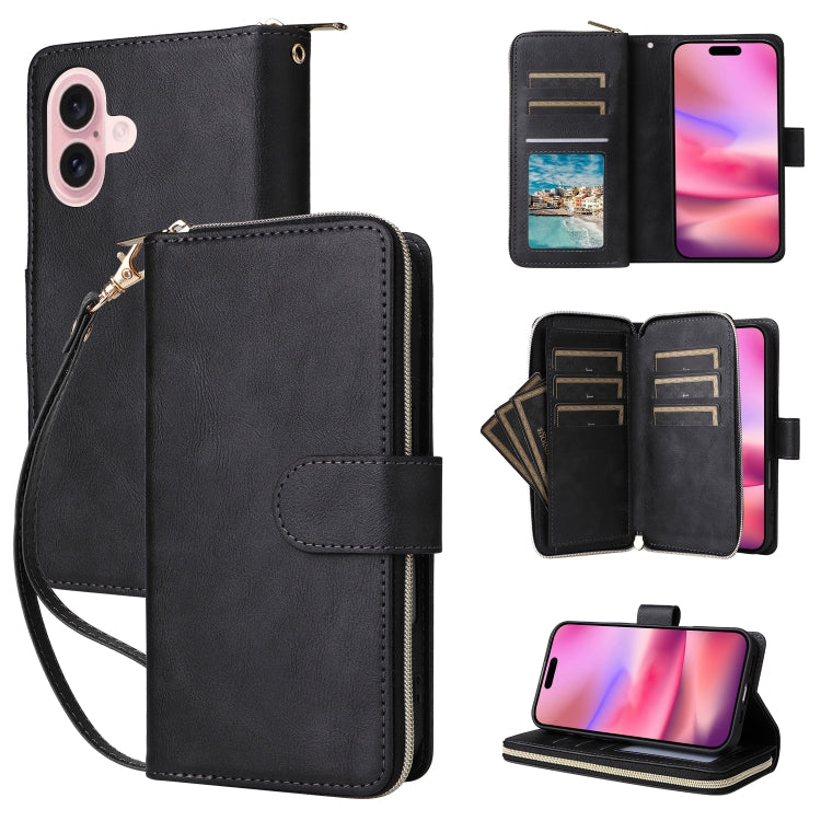 For iPhone 16 9 Card Slots Zipper Wallet Bag Leather Phone Case(Black) - iPhone 16 Cases by PMC Jewellery | Online Shopping South Africa | PMC Jewellery | Buy Now Pay Later Mobicred