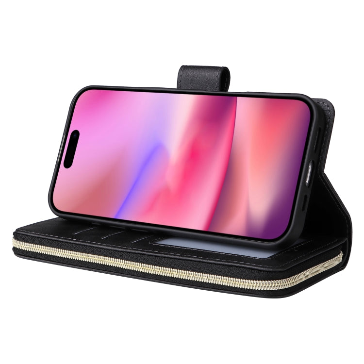 For iPhone 16 9 Card Slots Zipper Wallet Bag Leather Phone Case(Black) - iPhone 16 Cases by PMC Jewellery | Online Shopping South Africa | PMC Jewellery | Buy Now Pay Later Mobicred