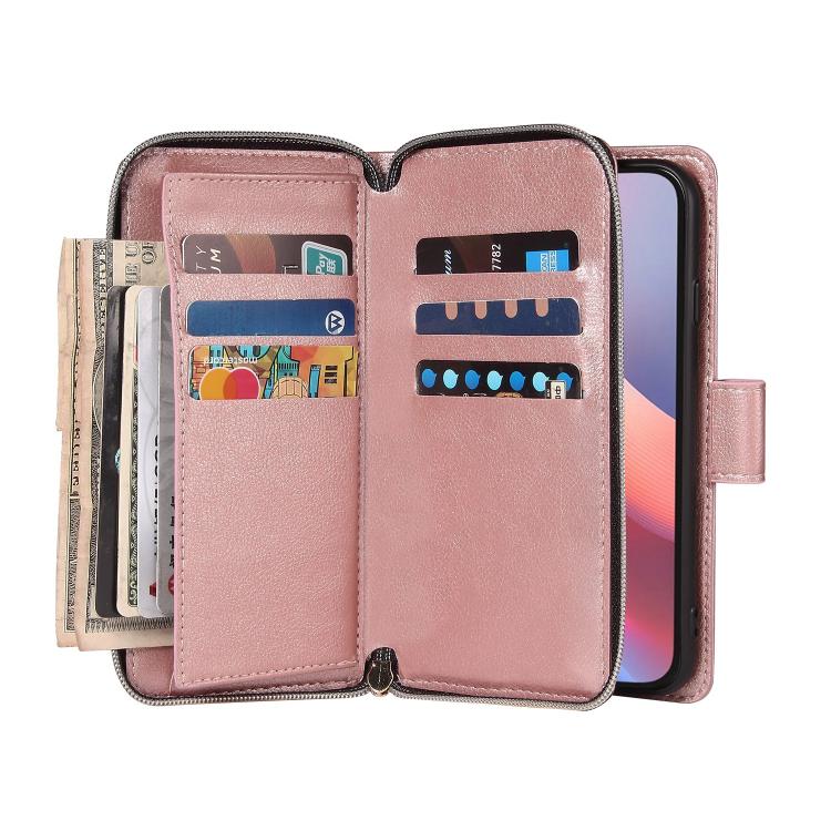For iPhone 16e 9 Card Slots Zipper Wallet Bag Leather Phone Case(Rose Gold) - iPhone 16e Cases by PMC TechLife | Online Shopping South Africa | PMC TechLife | Buy Now Pay Later Mobicred