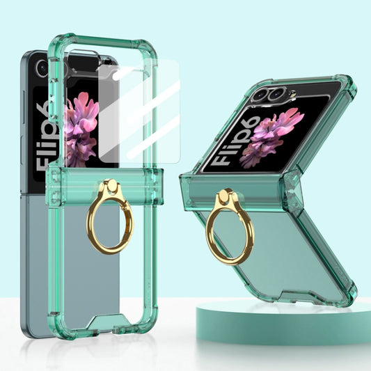 For Samsung Galaxy Z Flip6 Gkk Airbag Hinge Silicone Phone Case with Ring Holder & Tempered Film(Transparent Green) - Galaxy Z Flip6 5G Cases by GKK | Online Shopping South Africa | PMC Jewellery | Buy Now Pay Later Mobicred