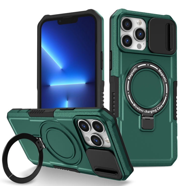 For iPhone 13 Pro Max Sliding Camshield Magsafe Holder TPU Hybrid PC Phone Case(Deep Green) - iPhone 13 Pro Max Cases by PMC TechLife | Online Shopping South Africa | PMC TechLife