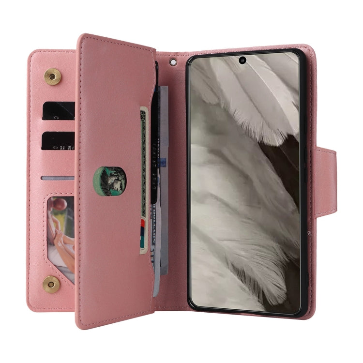 For Google Pixel 8 Rivet Buckle 9 Cards Three Fold Leather Phone Case(Rose Gold) - Google Cases by PMC TechLife | Online Shopping South Africa | PMC TechLife | Buy Now Pay Later Mobicred