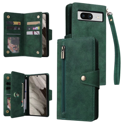 For Google Pixel 8 Rivet Buckle 9 Cards Three Fold Leather Phone Case(Green) - Google Cases by PMC Jewellery | Online Shopping South Africa | PMC Jewellery | Buy Now Pay Later Mobicred