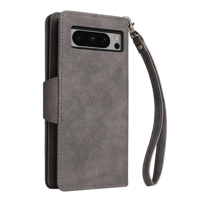 For Google Pixel 8 Pro Rivet Buckle 9 Cards Three Fold Leather Phone Case(Grey) - Google Cases by PMC Jewellery | Online Shopping South Africa | PMC Jewellery | Buy Now Pay Later Mobicred