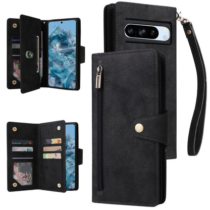 For Google Pixel 8a Rivet Buckle 9 Cards Three Fold Leather Phone Case(Black) - Google Cases by PMC Jewellery | Online Shopping South Africa | PMC Jewellery | Buy Now Pay Later Mobicred