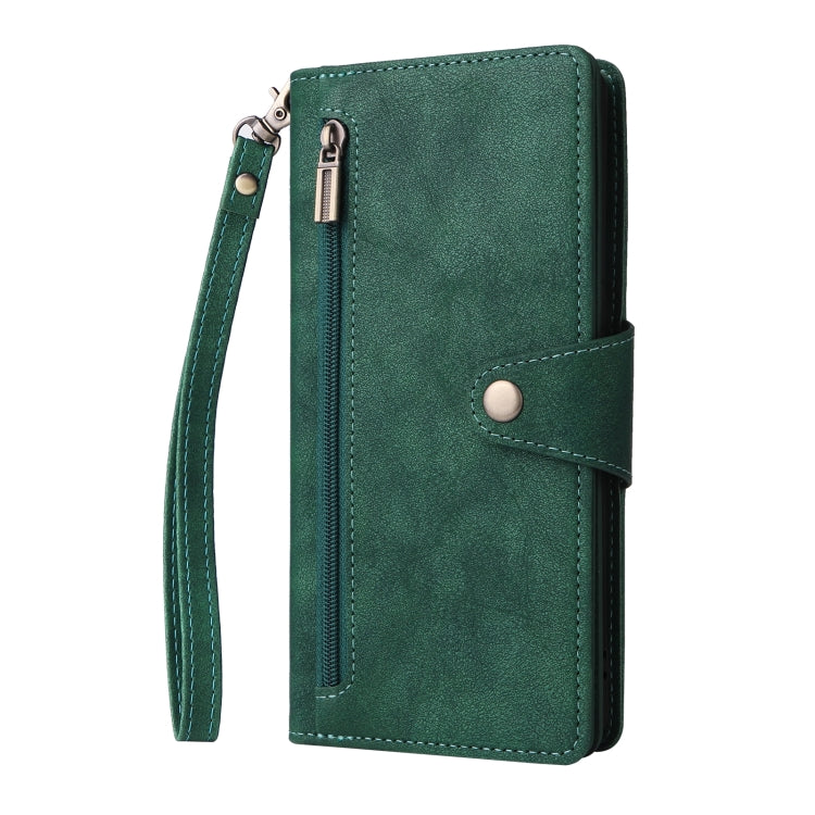 For Google Pixel 8a Rivet Buckle 9 Cards Three Fold Leather Phone Case(Green) - Google Cases by PMC TechLife | Online Shopping South Africa | PMC TechLife | Buy Now Pay Later Mobicred