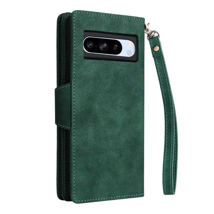 For Google Pixel 8a Rivet Buckle 9 Cards Three Fold Leather Phone Case(Green) - Google Cases by PMC TechLife | Online Shopping South Africa | PMC TechLife | Buy Now Pay Later Mobicred