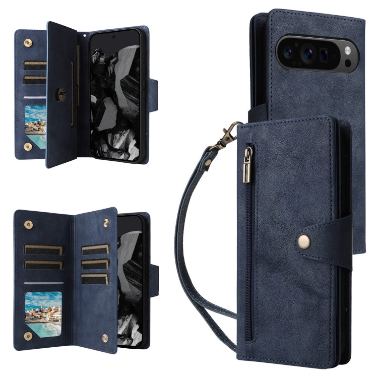 For Google Pixel 9 Pro Rivet Buckle 9 Cards Three Fold Leather Phone Case(Blue) - Google Cases by PMC Jewellery | Online Shopping South Africa | PMC Jewellery | Buy Now Pay Later Mobicred