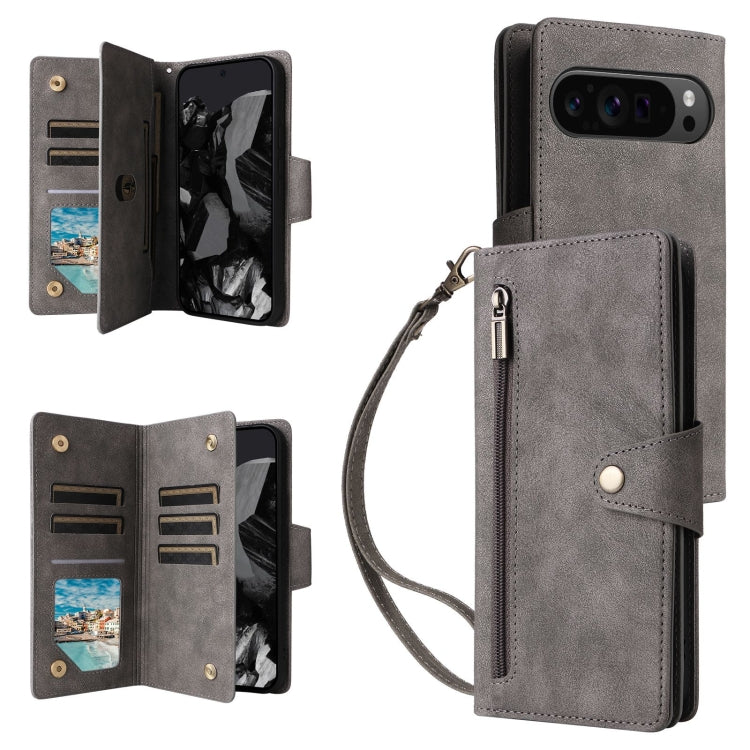 For Google Pixel 9 Pro Rivet Buckle 9 Cards Three Fold Leather Phone Case(Grey) - free shipping - PMC TechLife - Order now!