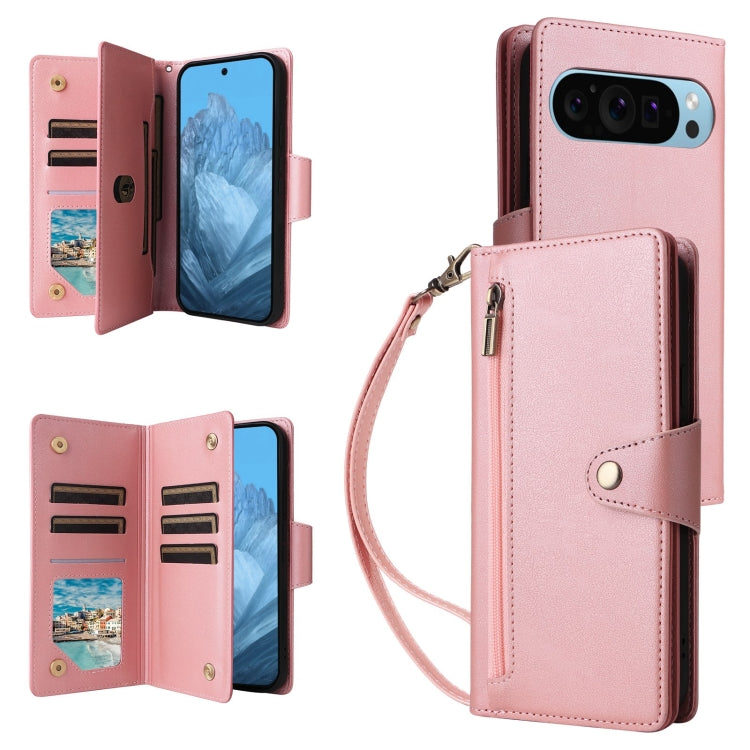For Google Pixel 9 Rivet Buckle 9 Cards Three Fold Leather Phone Case(Rose Gold) - Google Cases by PMC TechLife | Online Shopping South Africa | PMC TechLife | Buy Now Pay Later Mobicred