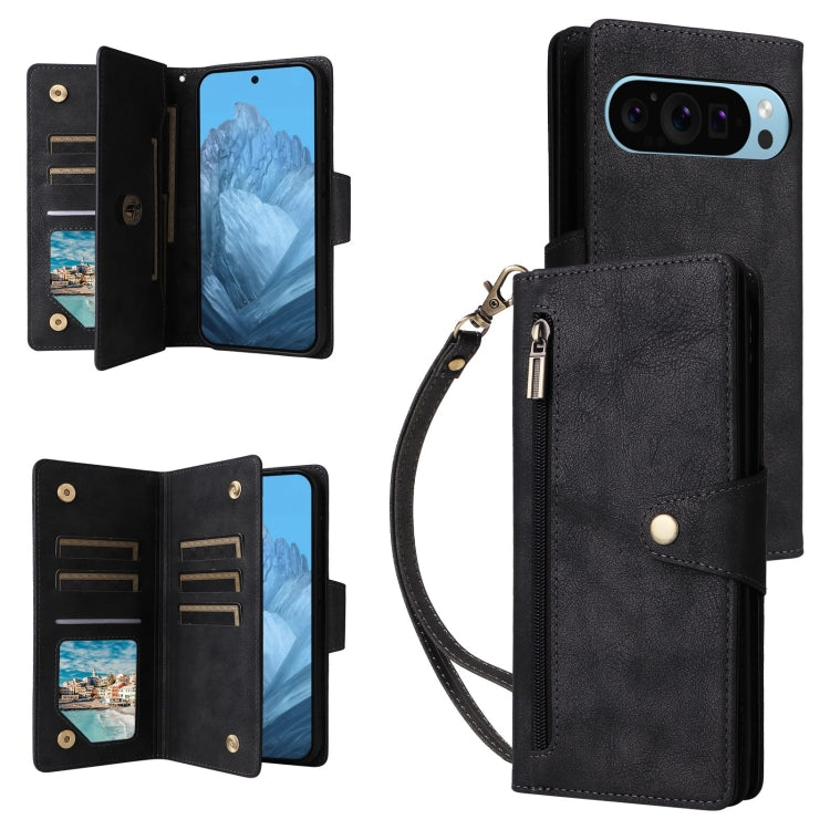 For Google Pixel 9 Rivet Buckle 9 Cards Three Fold Leather Phone Case(Black) - Google Cases by PMC Jewellery | Online Shopping South Africa | PMC Jewellery | Buy Now Pay Later Mobicred