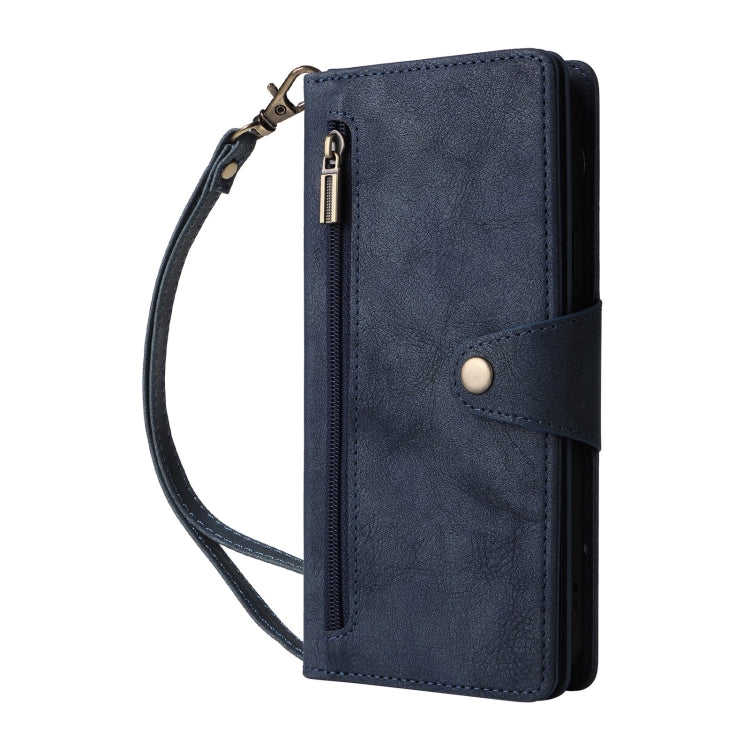 For Google Pixel 9 Rivet Buckle 9 Cards Three Fold Leather Phone Case(Blue) - Google Cases by PMC TechLife | Online Shopping South Africa | PMC TechLife | Buy Now Pay Later Mobicred