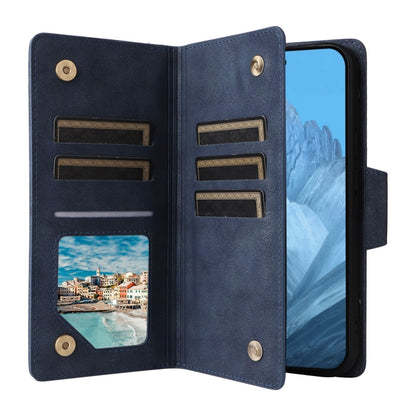 For Google Pixel 9 Rivet Buckle 9 Cards Three Fold Leather Phone Case(Blue) - Google Cases by PMC Jewellery | Online Shopping South Africa | PMC Jewellery | Buy Now Pay Later Mobicred