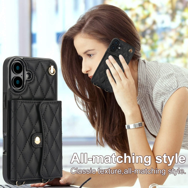 For iPhone 16 Plus Crossbody Rhombic Horizontal Wallet Leather Phone Case(Black) - iPhone 16 Plus Cases by PMC Jewellery | Online Shopping South Africa | PMC Jewellery | Buy Now Pay Later Mobicred