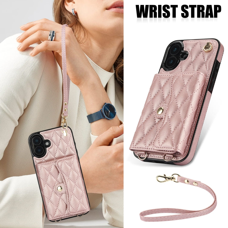 For iPhone 16 Crossbody Rhombic Horizontal Wallet Leather Phone Case(Rose Gold) - iPhone 16 Cases by PMC Jewellery | Online Shopping South Africa | PMC Jewellery | Buy Now Pay Later Mobicred