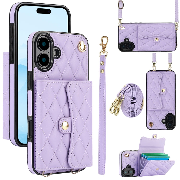 For iPhone 16 Crossbody Rhombic Horizontal Wallet Leather Phone Case(Purple) - iPhone 16 Cases by PMC Jewellery | Online Shopping South Africa | PMC Jewellery | Buy Now Pay Later Mobicred