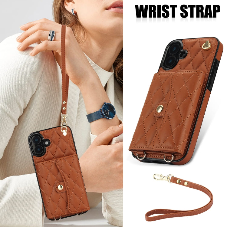 For iPhone 16 Crossbody Rhombic Horizontal Wallet Leather Phone Case(Brown) - iPhone 16 Cases by PMC Jewellery | Online Shopping South Africa | PMC Jewellery | Buy Now Pay Later Mobicred