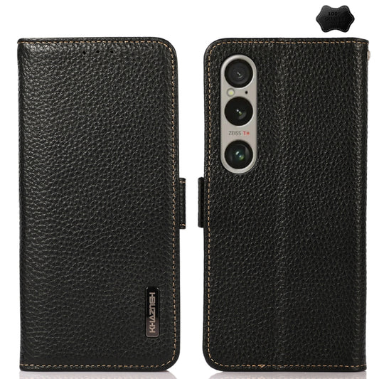 For Sony Xperia 1 VI KHAZNEH Side-Magnetic Litchi Genuine Leather RFID Case(Black) - Sony Cases by PMC Jewellery | Online Shopping South Africa | PMC Jewellery | Buy Now Pay Later Mobicred