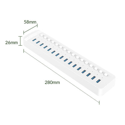 ORICO CT2U3-16AB Plastic Stripes 16 Ports USB 3.0 HUB with Individual Switches, Plug:US Plug(White) - USB 3.0 HUB by ORICO | Online Shopping South Africa | PMC Jewellery | Buy Now Pay Later Mobicred