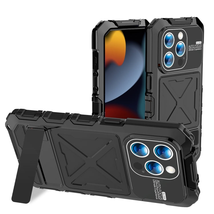 For iPhone 15 Pro R-JUST Metal + Silicone + Tempered Glass Life Waterproof Phone Case with Holder(Black) - iPhone 15 Pro Cases by R-JUST | Online Shopping South Africa | PMC Jewellery | Buy Now Pay Later Mobicred