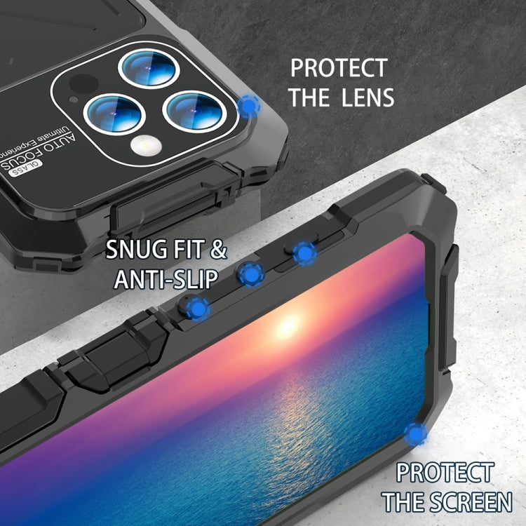 For iPhone 15 Pro R-JUST Metal + Silicone + Tempered Glass Life Waterproof Phone Case with Holder(Black) - iPhone 15 Pro Cases by R-JUST | Online Shopping South Africa | PMC Jewellery | Buy Now Pay Later Mobicred