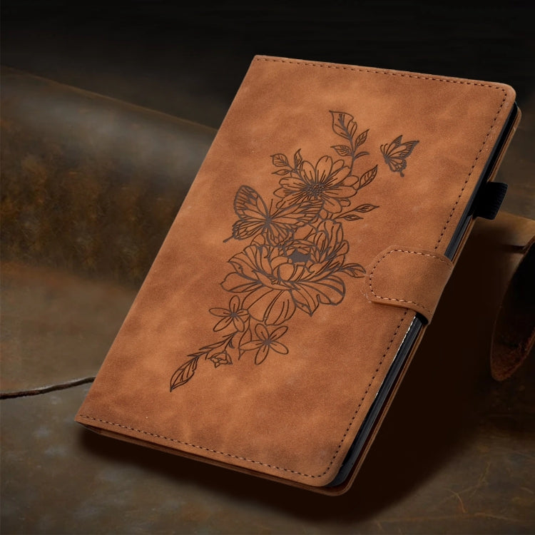 For Samsung Galaxy Tab A9+ Peony Butterfly Embossed Leather Smart Tablet Case(Brown) - Galaxy Tab A9+ by PMC TechLife | Online Shopping South Africa | PMC TechLife