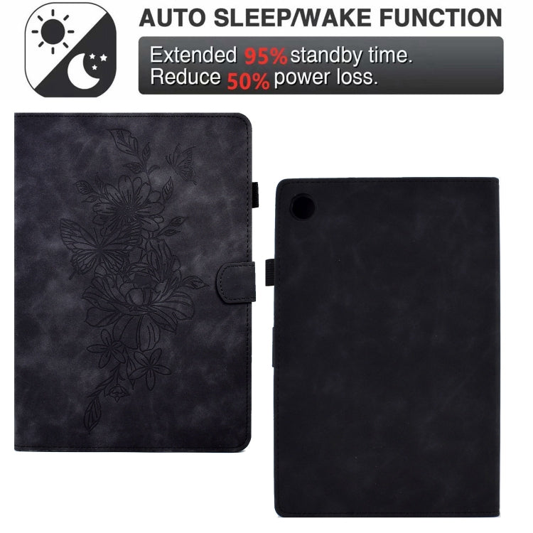 For Samsung Galaxy Tab A9+ Peony Butterfly Embossed Leather Smart Tablet Case(Black) - Galaxy Tab A9+ by PMC TechLife | Online Shopping South Africa | PMC TechLife