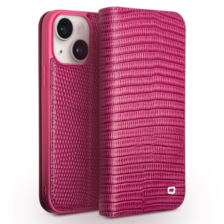 For iPhone 15 Plus QIALINO Little Crocodile Texture Genuine Leather Phone Case(Rose Red) - iPhone 15 Plus Cases by QIALINO | Online Shopping South Africa | PMC Jewellery | Buy Now Pay Later Mobicred