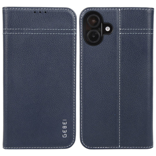 For iPhone 16 Plus GEBEI Top-grain Horizontal Flip Leather Phone Case(Blue) - iPhone 16 Plus Cases by GEBEI | Online Shopping South Africa | PMC Jewellery | Buy Now Pay Later Mobicred