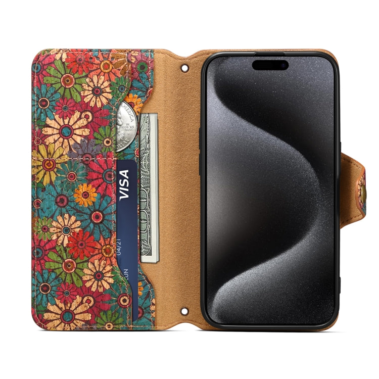 For iPhone 16 Denior Flower Language Series Cork Fabric Oil Edge Leather Phone Case(Spring) - iPhone 16 Cases by Denior | Online Shopping South Africa | PMC Jewellery | Buy Now Pay Later Mobicred