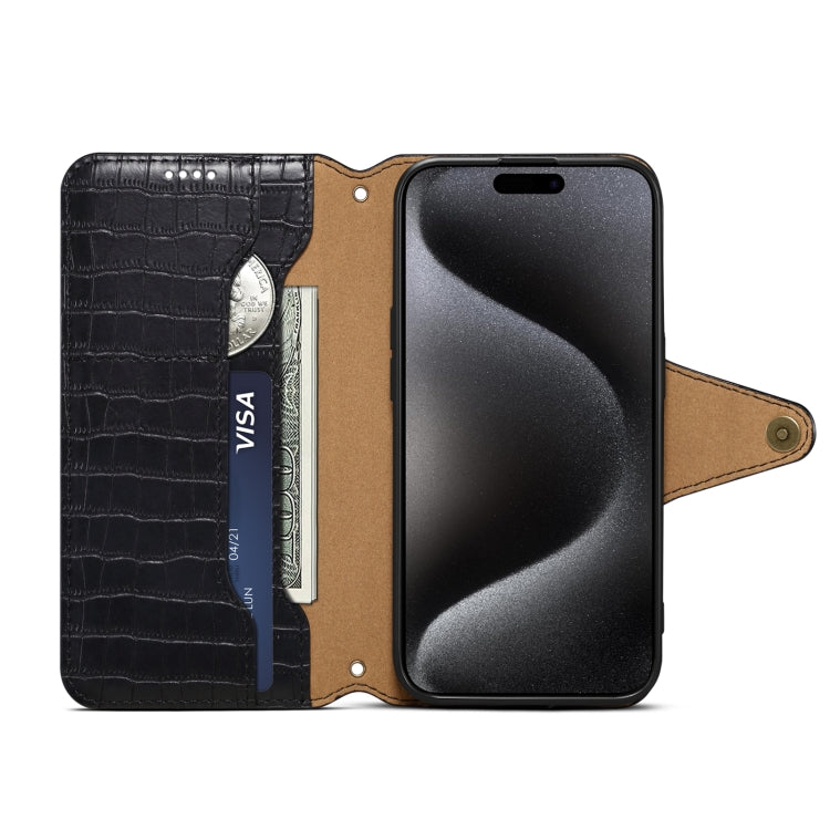 For iPhone 16 Plus Denior Crocodile Texture Oil Edge Leather Phone Case(Black) - iPhone 16 Plus Cases by Denior | Online Shopping South Africa | PMC Jewellery | Buy Now Pay Later Mobicred