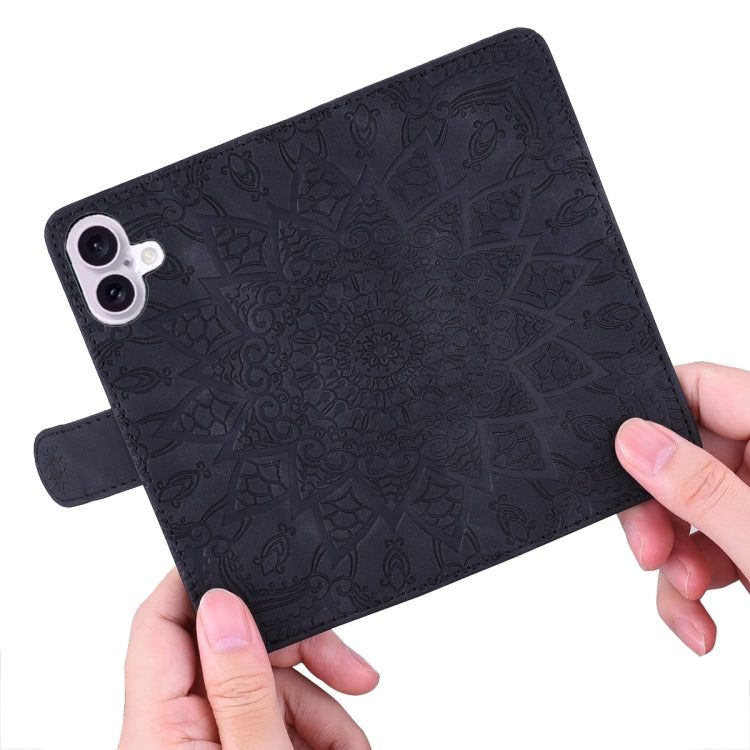 For iPhone 16 Mandala Embossed Dual-Fold Calf Leather Phone Case(Black) - iPhone 16 Cases by PMC TechLife | Online Shopping South Africa | PMC TechLife | Buy Now Pay Later Mobicred