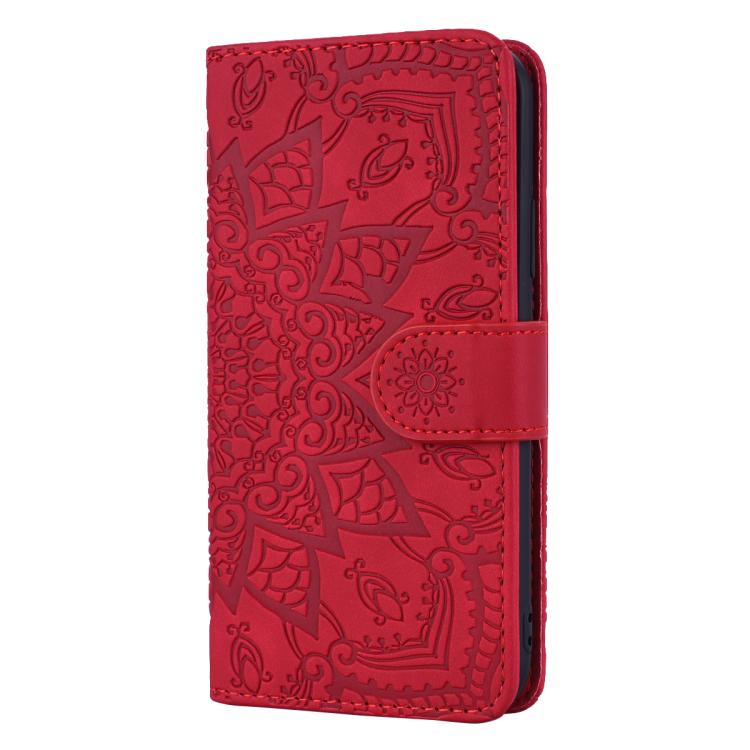 For iPhone 16e Mandala Embossed Dual-Fold Calf Leather Phone Case(Red) - iPhone 16e Cases by PMC TechLife | Online Shopping South Africa | PMC TechLife | Buy Now Pay Later Mobicred