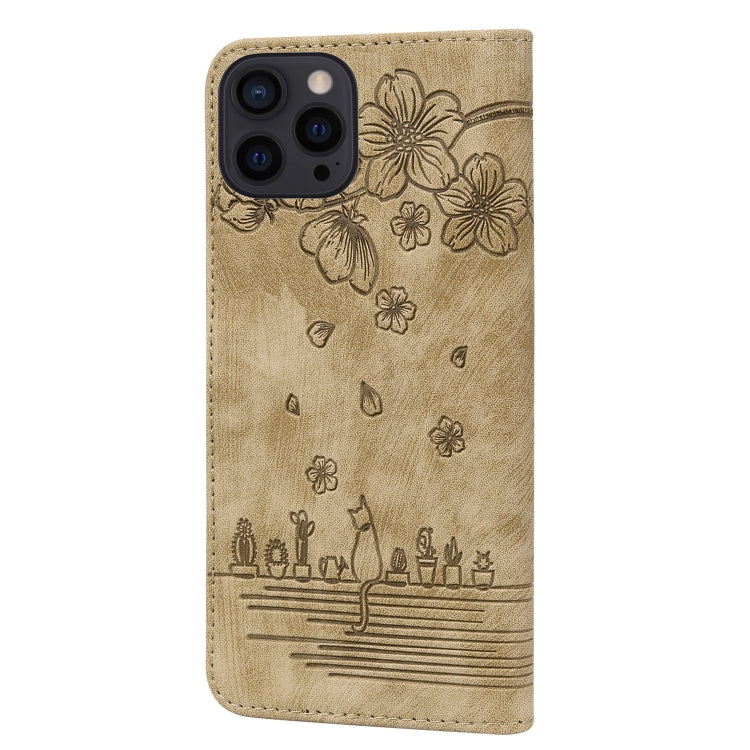 For iPhone 16 Pro Max Cartoon Sakura Cat Embossed Leather Phone Case(Brown) - iPhone 16 Pro Max Cases by PMC Jewellery | Online Shopping South Africa | PMC Jewellery | Buy Now Pay Later Mobicred