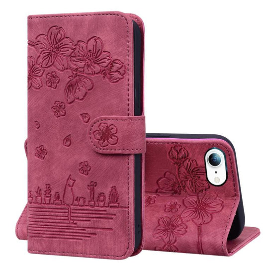 For iPhone 16e Cartoon Sakura Cat Embossed Leather Phone Case(Wine Red) - iPhone 16e Cases by PMC Jewellery | Online Shopping South Africa | PMC Jewellery | Buy Now Pay Later Mobicred