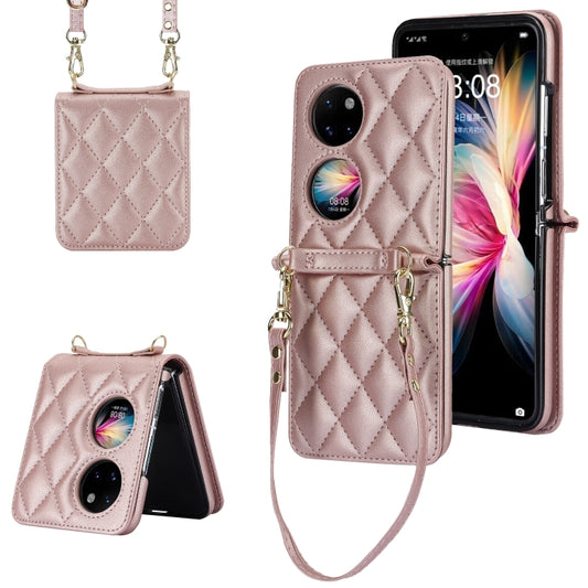 For Huawei P50 Pocket Rhombic Texture Card Bag Phone Case with Dual Lanyard(Rose Gold) - Huawei Cases by PMC Jewellery | Online Shopping South Africa | PMC Jewellery | Buy Now Pay Later Mobicred