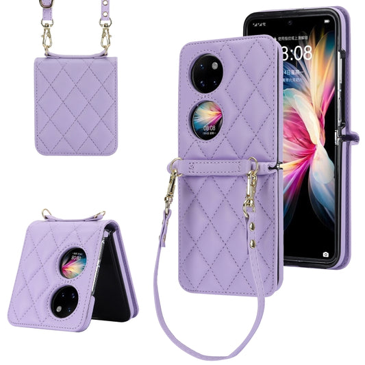 For Huawei P50 Pocket Rhombic Texture Card Bag Phone Case with Dual Lanyard(Purple) - Huawei Cases by PMC Jewellery | Online Shopping South Africa | PMC Jewellery | Buy Now Pay Later Mobicred