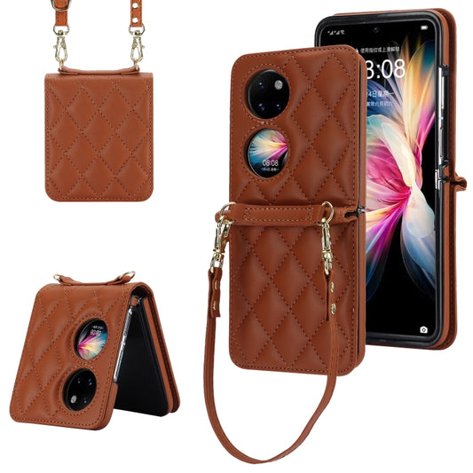 For Huawei P50 Pocket Rhombic Texture Card Bag Phone Case with Dual Lanyard(Brown) - Huawei Cases by PMC Jewellery | Online Shopping South Africa | PMC Jewellery | Buy Now Pay Later Mobicred