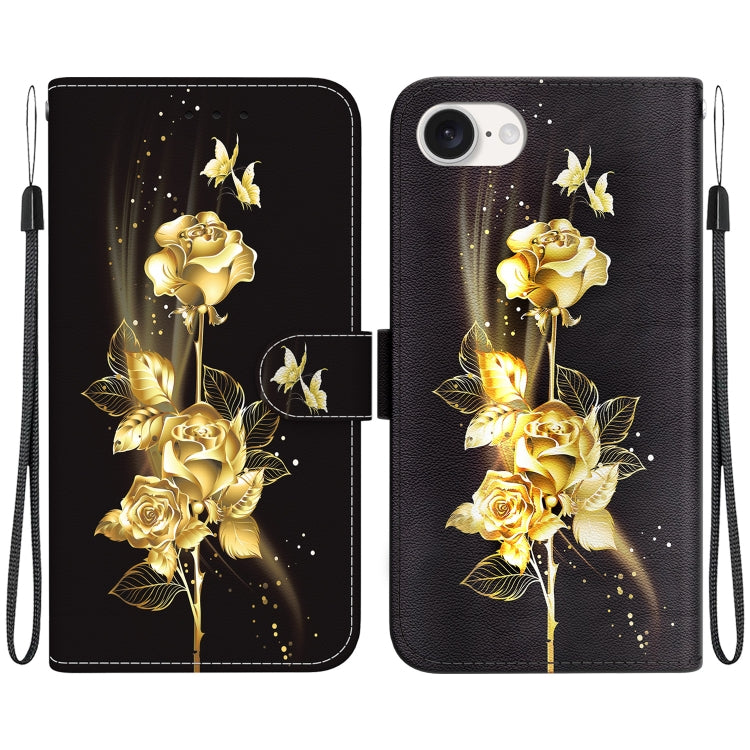 For iPhone 16e Crystal Texture Colored Drawing Leather Phone Case(Gold Butterfly Rose) - free shipping - PMC TechLife - Order now!