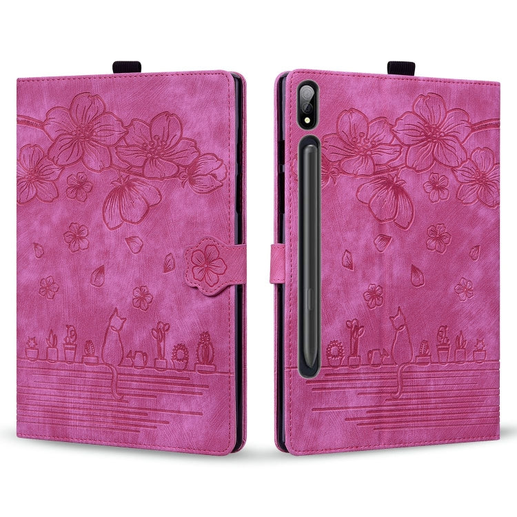 For Samsung Galaxy Tab S9 Ultra /S8 Ultra Cartoon Sakura Cat Embossed Leather Tablet Case(Rose Red) - Galaxy Tab S9 Ultra Cases by PMC Jewellery | Online Shopping South Africa | PMC Jewellery | Buy Now Pay Later Mobicred