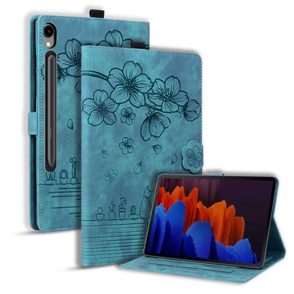 For Samsung Galaxy Tab S9 FE+ Cartoon Sakura Cat Embossed Leather Tablet Case(Green) - Galaxy Tab S9 FE+ by PMC Jewellery | Online Shopping South Africa | PMC Jewellery | Buy Now Pay Later Mobicred