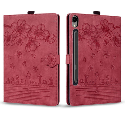 For Samsung Galaxy Tab S9 FE+ Cartoon Sakura Cat Embossed Leather Tablet Case(Red) - Galaxy Tab S9 FE+ by PMC Jewellery | Online Shopping South Africa | PMC Jewellery | Buy Now Pay Later Mobicred